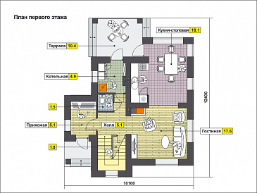 Проект дома с кухней-столовой, двумя спальнями, угловой ванной / План 1 этажа