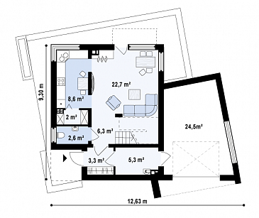 Проект двухэтажного дома из кирпича в стиле кубизм со спальной зоной на втором этаже и с гаражом / План 1 этажа
