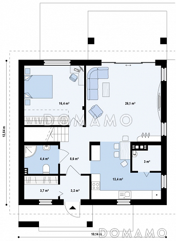 Проект одноэтажного мансардного дома из газобетона с гостевой комнатой на первом этаже и балконом над террасой / План 1 этажа