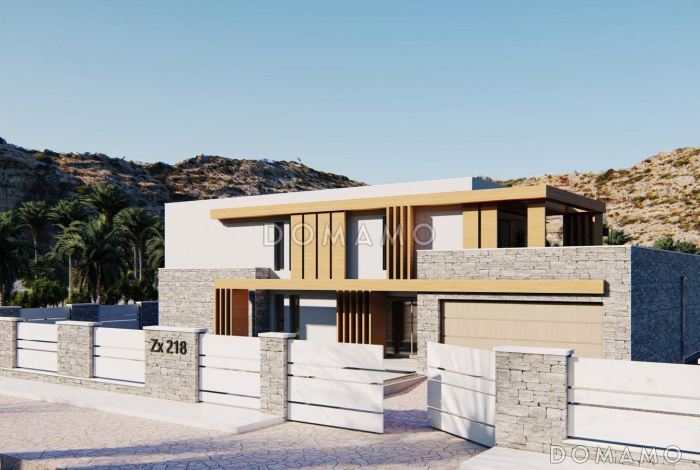 Проект двухэтажного дома с гаражом, большой прихожей, светлой гостиной, кабинетом