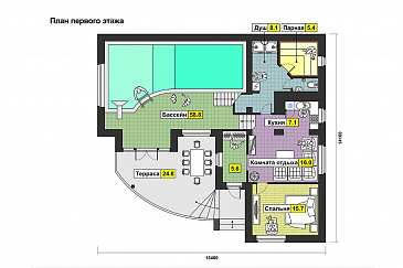 Одноэтажный дом с мансардным этажом со спальней, полукруглой террасой, большим бассейном / План 1 этажа