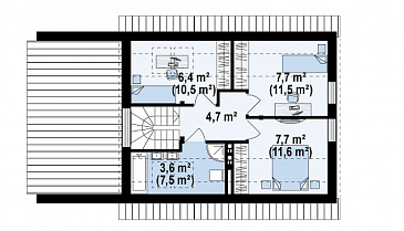 Проект компактного одноэтажного мансардного дома из газобетона с дополнительной спальней на первом этаже и гаражом / План мансардного этажа