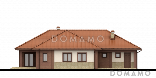 Проект одноэтажного дома из кирпича с просторной гостиной, четырьмя комнатами и гаражом / Фасад 3