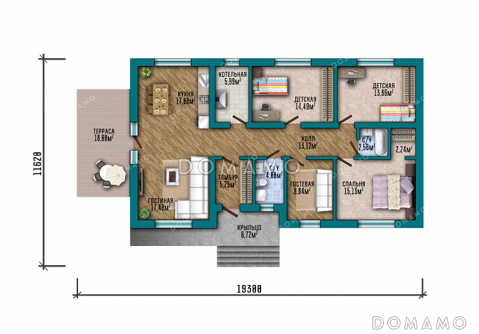 Проект одноэтажного дома с двускатной крышей, 4 спальнями и совмещенной кухней-гостиной / План 1 этажа