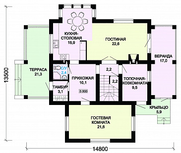 Проект двухэтажного дома из пеноблоков в бежево-коричневом цвете с верандой / План 1 этажа