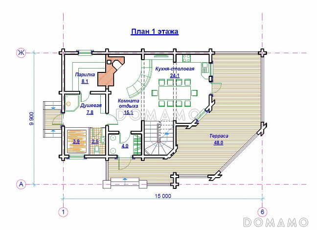 Проект бани из бруса с бильярдной / План 1 этажа