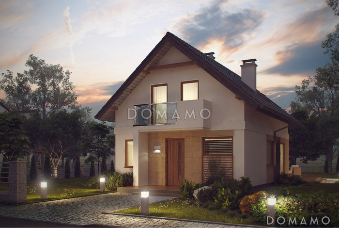 Проект компактного одноэтажного мансардного дома из газобетона с кабинетом и балконом