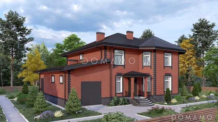 Проект кирпичного дома с 2 эркерами, 5 спальнями и гостиной с камином