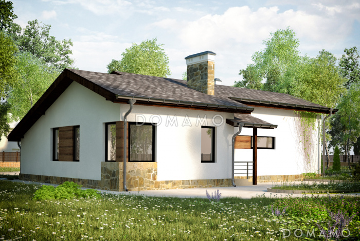 Проект одноэтажного дома с большой крытой террасой, тремя спальнями, кузней с окном, чердаком