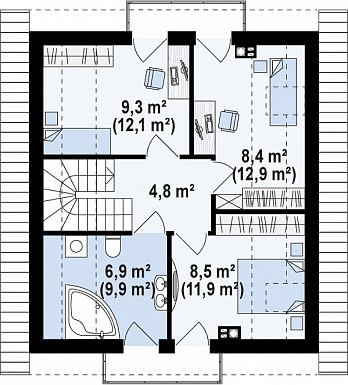 Проект классического одноэтажного мансардного дома из кирпича с эркером в столовой зоне, балконами и хозяйственным помещением / План мансардного этажа