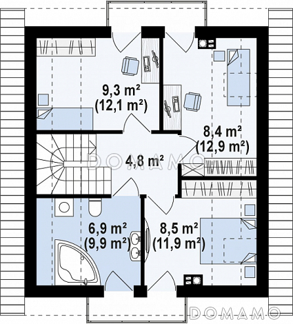 Проект классического одноэтажного мансардного дома из кирпича с эркером в столовой зоне, балконами и хозяйственным помещением / План мансардного этажа