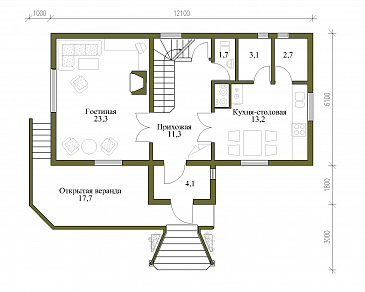 Проект коттеджа с башенкой и гаражом / План 1 этажа