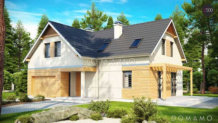 Проект одноэтажного дома из газобетона с угловой мансардой и встроенным гаражом