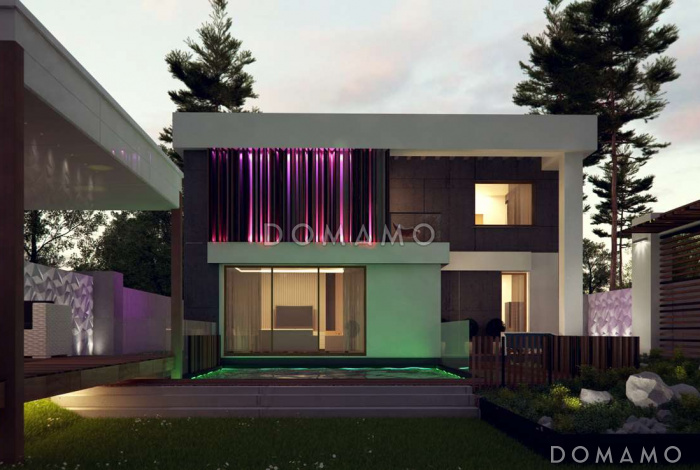 Проект современного двухэтажного дома из газобетона с дополнительной спальней на первом этаже и гаражом