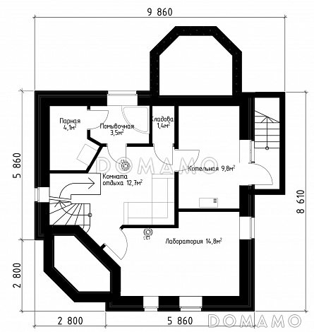 Проект квадратного  коттеджа  со входом с угла, террасой и подвалом. / План цокольного этажа