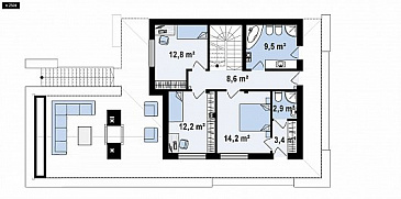 Проект современного двухэтажного дома из газобетона с панорамным остеклением и просторной террасой на втором этаже / План 2 этажа