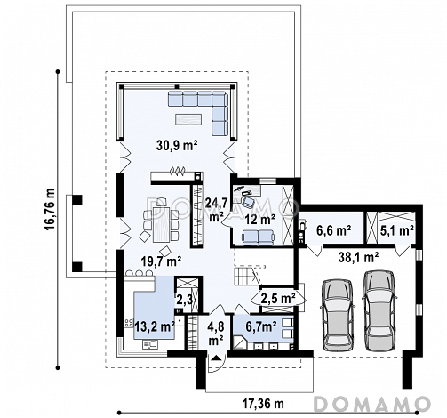 Проект современного двухэтажного дома из кирпича с плоской крышей с гаражом для двух автомобилей и террасами на обоих уровнях / План 1 этажа