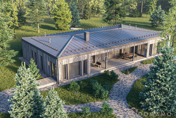 Проект кирпичного одноэтажного дома в стиле барнхаус с панорамными окнами и террасой