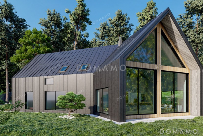 Проект одноэтажного дома с мансардой и большими окнами