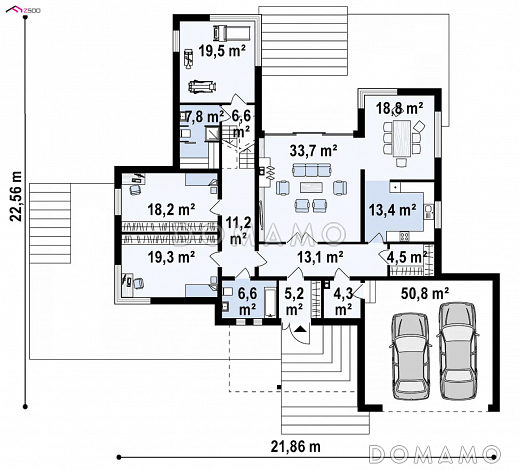 Проект современного трёхуровнего дома из кирпича с плоской крышей, с большим гаражом, спортзалом и сауной / План 1 этажа