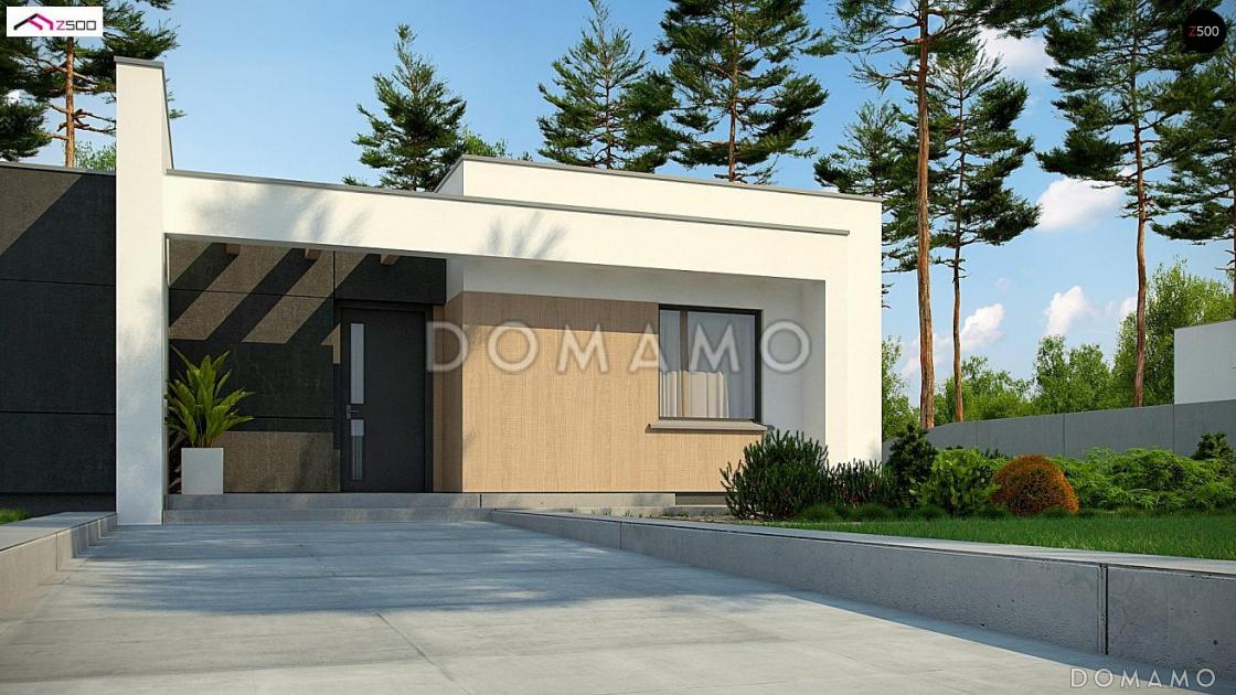 Проект современного одноэтажного дома из кирпича с плоской крышей с двумя спальнями и крытой угловой террасой  / 3