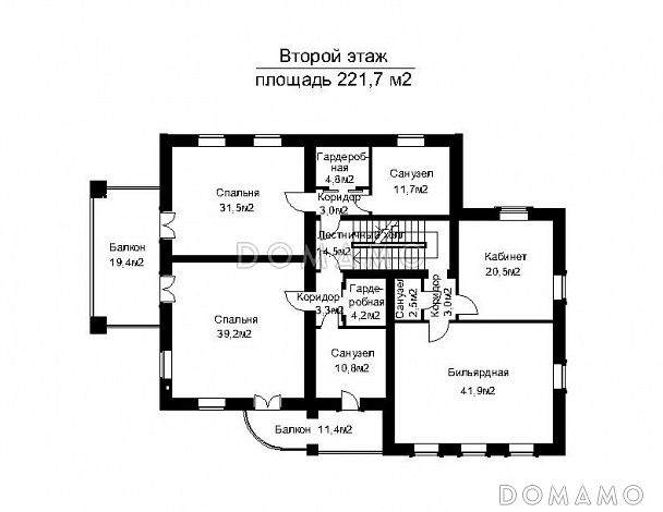 Проект двухэтажного загородного дома с высоким крыльцом / План 2 этажа