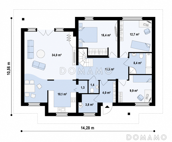 Проект классического мансардного дома из газобетона с необычной планировкой второго этажа / План 1 этажа