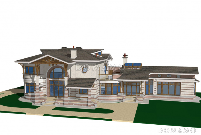 Проект коттеджа с двусветной гостиной и бассейном с сауной