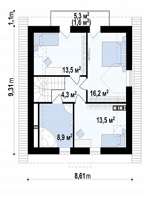 Проект загородного дома с просторной гостиной, балконом, террасой, изолированной кухней / План мансардного этажа
