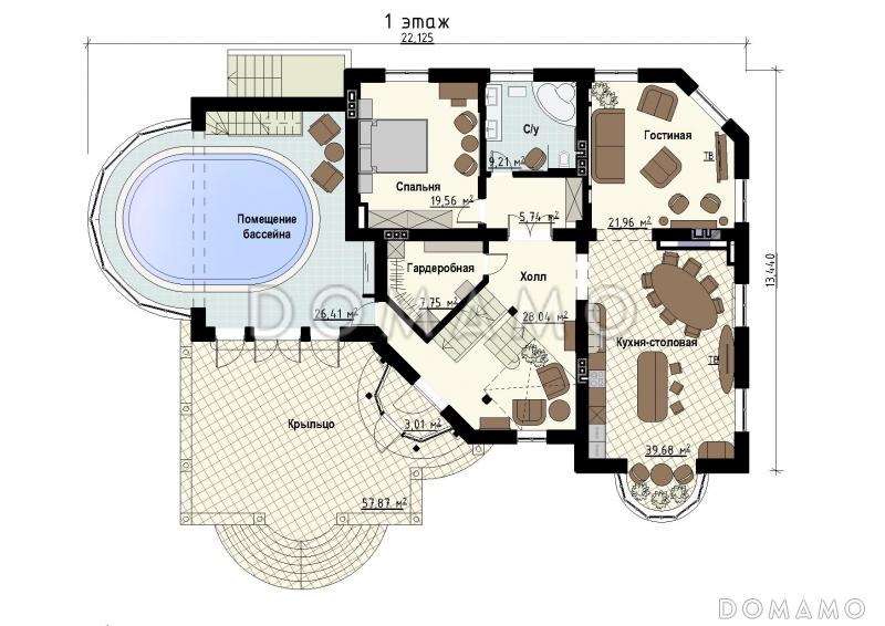 Проект загородного дома с цокольным этажом, бассейном, кабинетом, эксплуатируемой кровлей / План 1 этажа