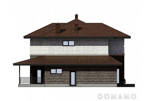 Проект двухэтажного дома с широким крыльцом, отдельным блоком для гостей, террасой / Фасад 2