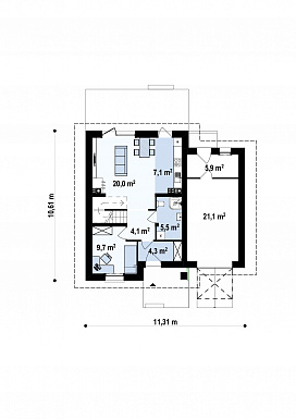 Проект двухэтажного дома из кирпича с кабинетом и гаражом справа / План 1 этажа