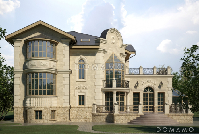 Проект дома с открытой террасой главного входа и пристроенным бассейном  