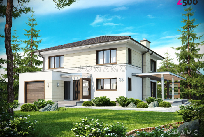 Проект просторного современного двухэтажного дома из кирпича, с четырьмя комнатами, гаражом и вторым светом над гостиной