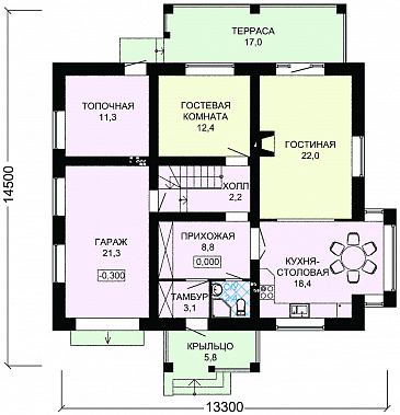Проект дома из пеноблоков для постоянного проживания с гаражом для одной машины / План 1 этажа