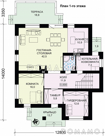 Проект двухэтажного дома из газобетона с просторной гардеробной / План 1 этажа