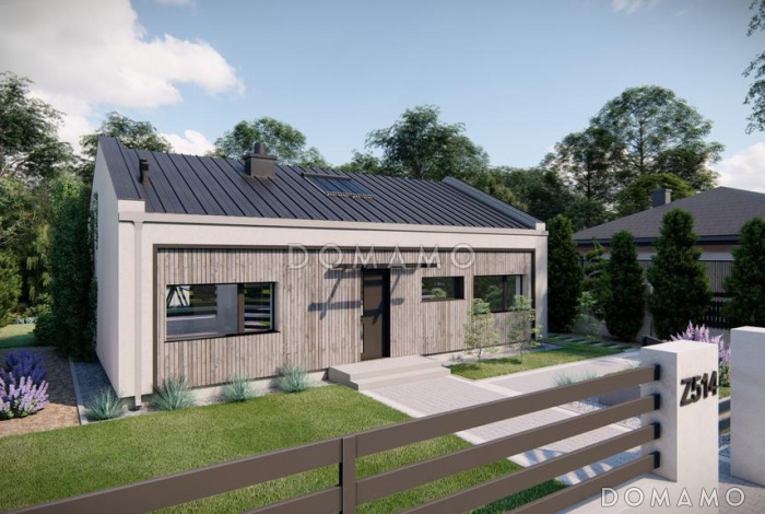 Проект загородного дома с помещениями на одном этаже, двухскатной крышей, тремя спальнями, кладовой на кухне