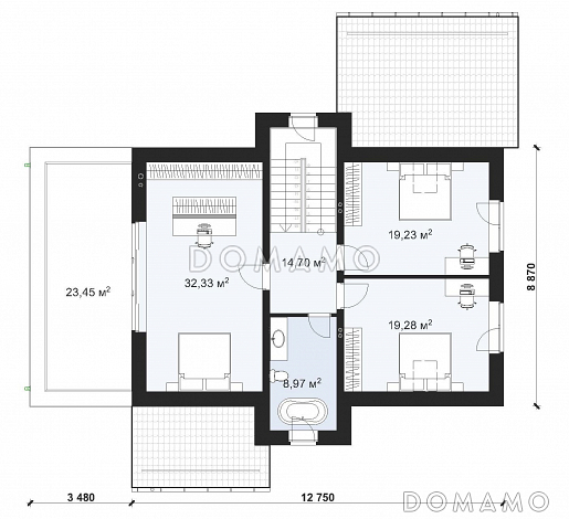 Проект двухэтажного дома с четырьмя спальнями и гаражом на одну машину S-204 / План 2 этажа