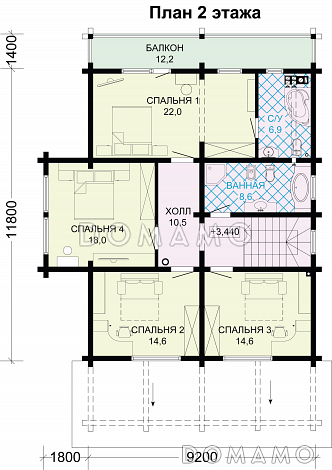 Проект дома из бруса с большой крытой террасой / План мансардного этажа