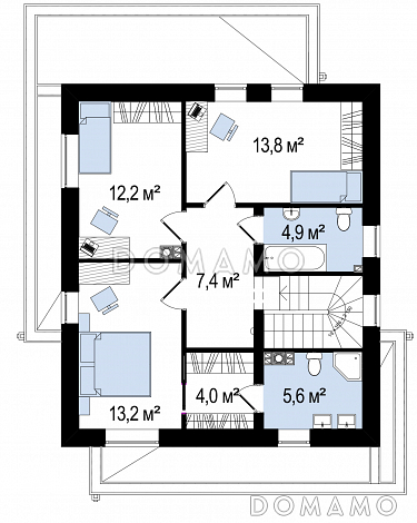 Проект современного двухэтажного дома из газобетона с плоской крышей, четырьмя комнатами и угловым остеклением гостиной / План 2 этажа