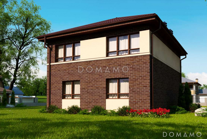 Проект современного двухэтажного дома из газобетона с четырьмя спальнями и кабинетом, без гаража