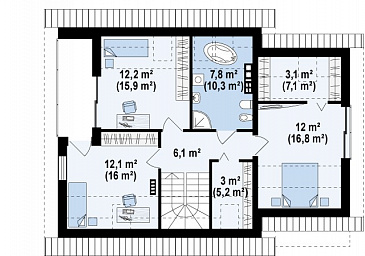 Проект одноэтажного мансардного дома из газобетона с большой гостиной, гаражом и частично крытой террасой / План мансардного этажа