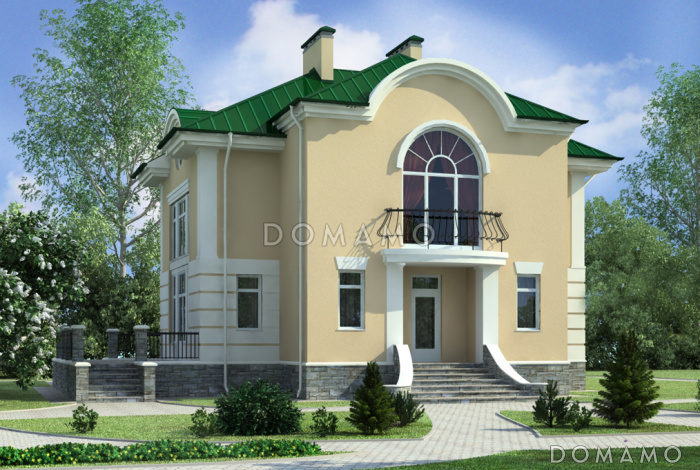 Проект дома с цокольным этажом, бассейном и сауной, кухней с эркером, открытой террасой, бильярдной на мансарде