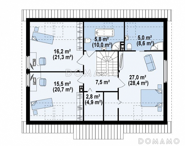 Проект классического мансардного дома из кирпича со встроенным гаражом / План мансардного этажа