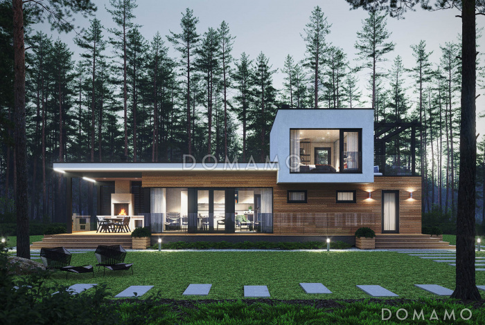 Проект дома с одной спальней на втором этаже, парной, душевой и крытой террасой с барбекю