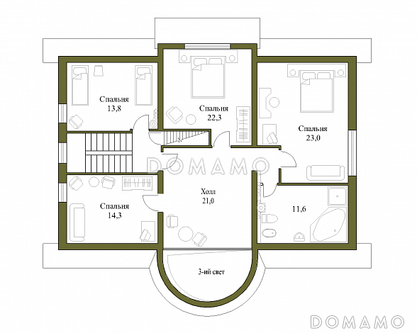 Проект трёхэтажного коттеджа с башенкой и пандусом / План мансардного этажа