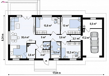 Проект классического одноэтажного дома из газобетона с тремя спальнями, светлой гостиной и гаражом / План 1 этажа