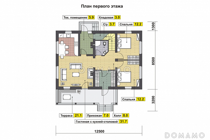 Проект дома с террасой, двумя спальнями на первом этаже, гостиной с кухней-столовой / План 1 этажа