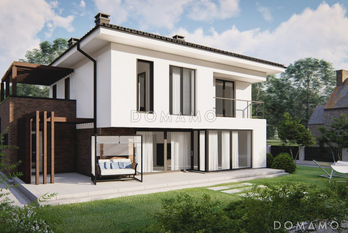 Проект двухэтажного дома с гаражом на два автомобиля с проходом в кухню через  кладовую, мастер-спальней на втором этаже, балконом