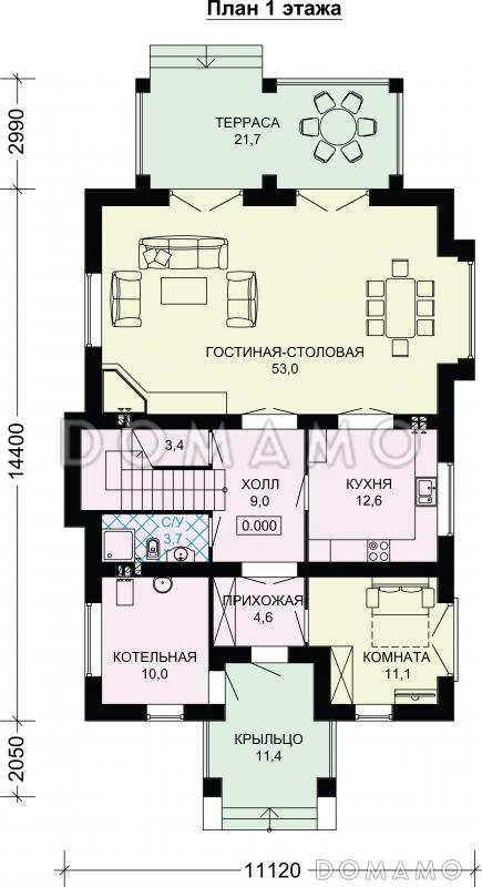 Проект двухэтажного дома с небольшой изолированной кухней / План 1 этажа